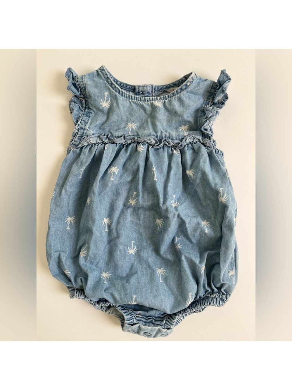 George Blue and White Palm Tree Denim Bubble Romper with Elasticized Details